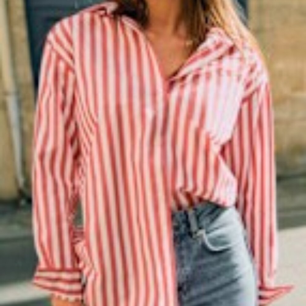 Sezane Max Blouse in Red and Ecru (White) Cotton Poplin, Size 6, Like New